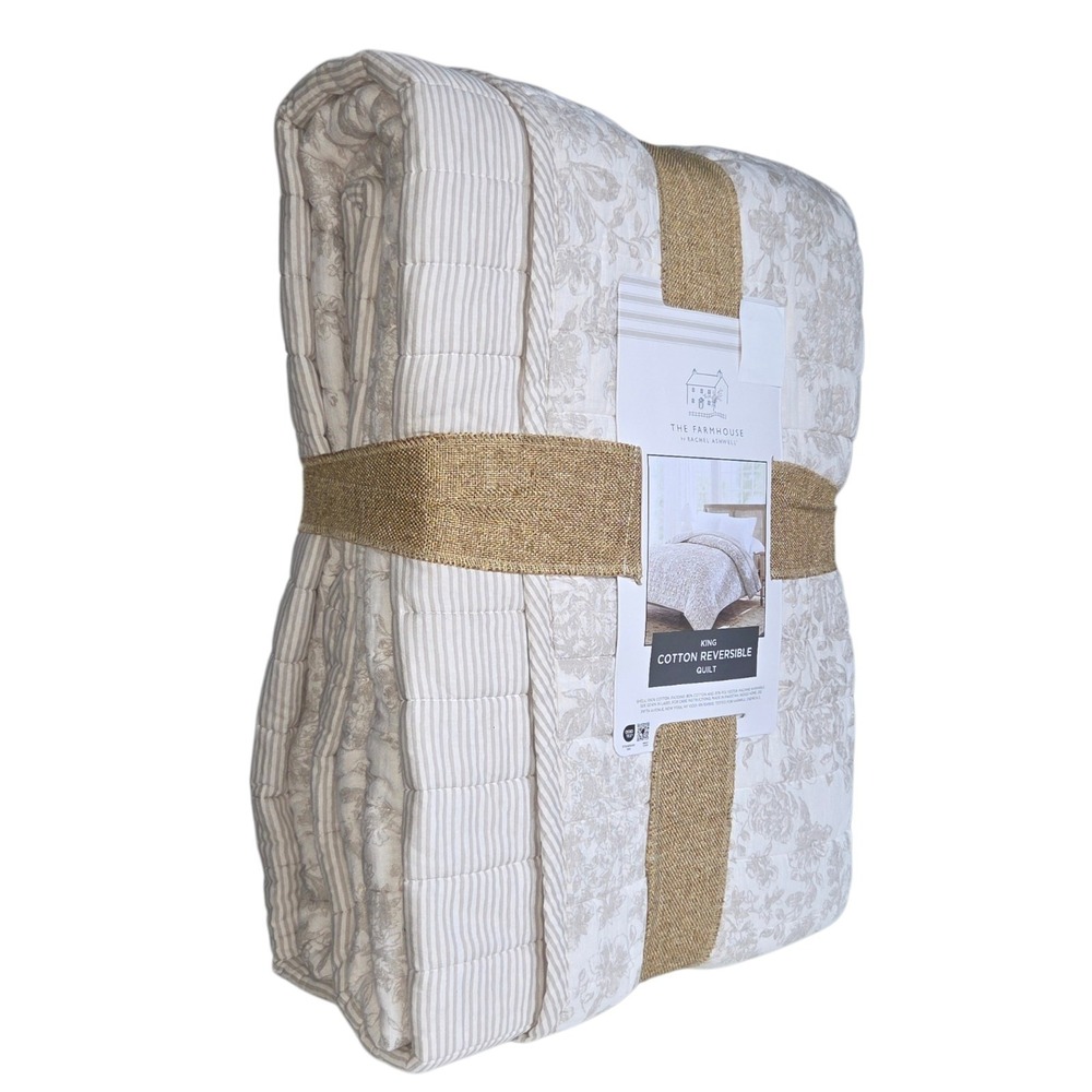 Rachel Ashwell Flax Cotton King Quilt Shabby Chic Reversible Sophia Toile Floral